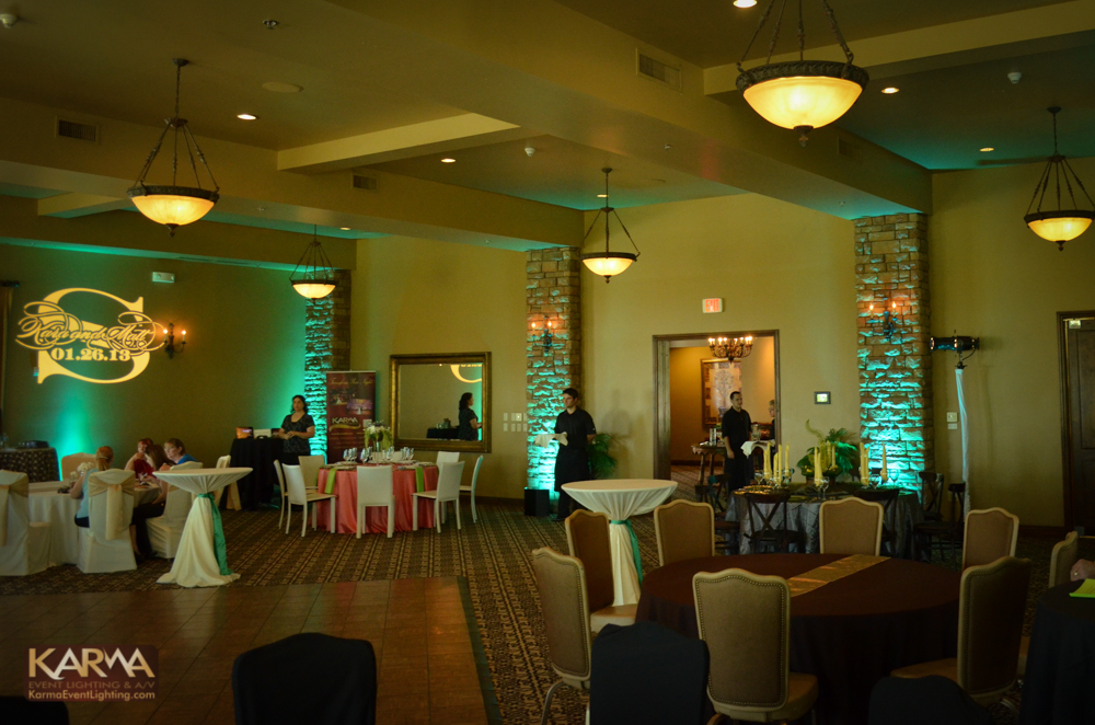Seville Golf Country Club in Gilbert, Amber and Teal Wedding Lighting with Monogram Gobo 6-23-13