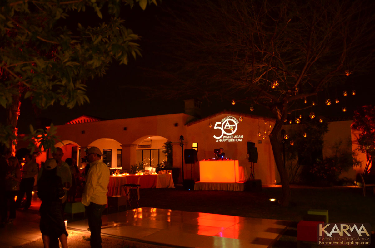 Outdoor 50th Birthday Party Amber Red Uplighting, Pinspotting and Digital Gobo Projection