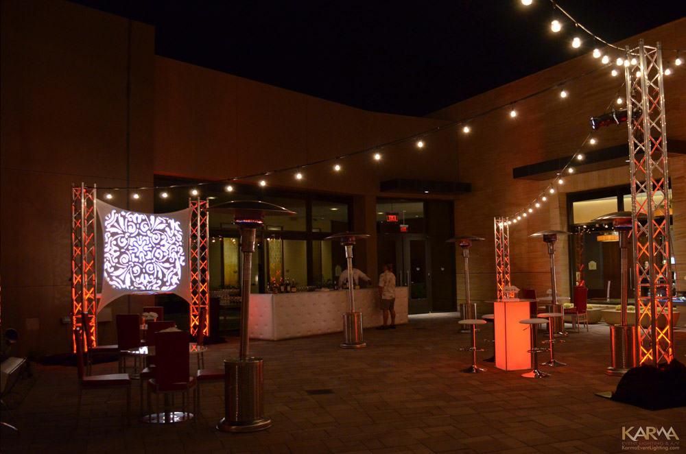 Outdoor Bistro Lighting and Gobo Patterns on Truss at The Phoenician Scottsdale for Corporate Event April 26, 2014